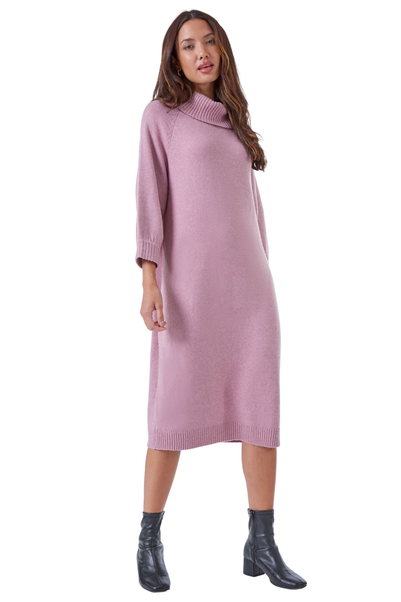 Roman Light Pink Roll Neck Knitted Midi Dress