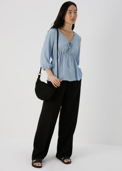 Blue Tie Detail V Neck Blouse Top