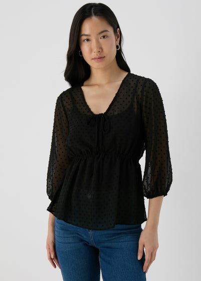 Black Tie Detail V Neck Dobby Blouse Top