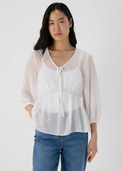 White Dobby V Neck Blouse