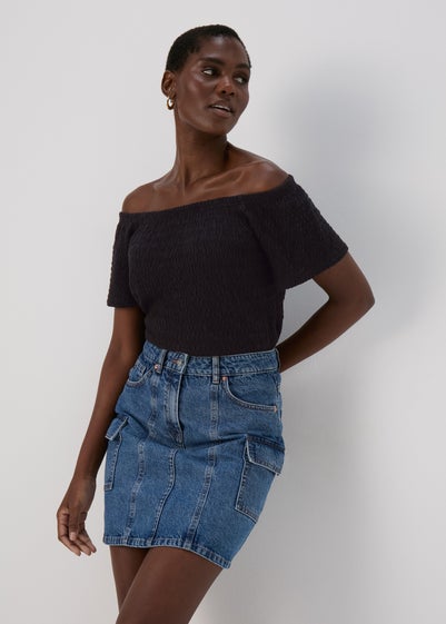 Black Textured Bardot Top