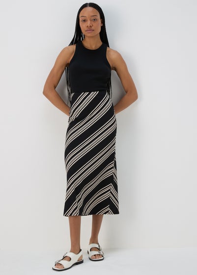 Black Mono Stripe Jersey Midi Skirt