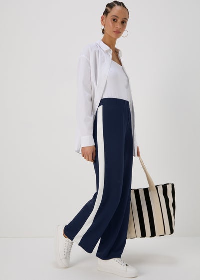 Navy Wide Leg Stripe Trousers - Size 8