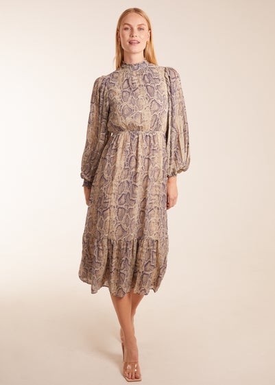 Blue Vanilla High Neck Pleated Sleeve Reptile Midi Dress