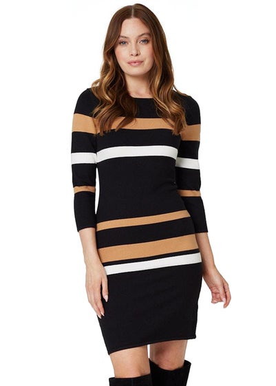 Izabel London Black Striped Bodycon Knit Dress - Size 18