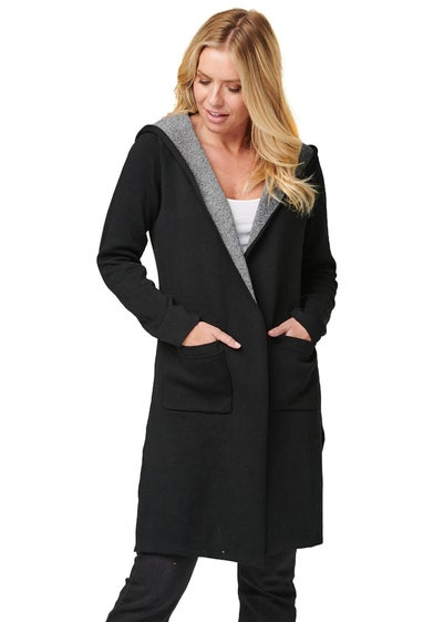 Izabel London Black Open Front Hooded Longline Cardigan