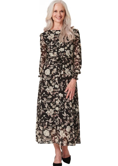 Izabel London Black Vintage Floral Midi Tea Dress