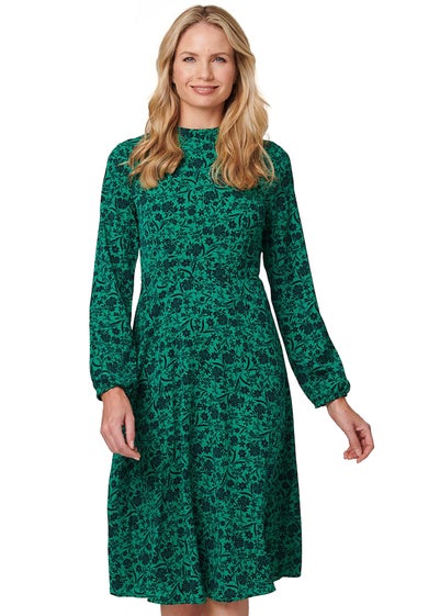 Izabel London Green Floral High Neck Midi Skater Dress