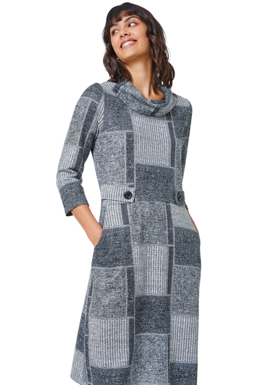 Roman Grey Patchwork Cowl Neck Button Detail Dress