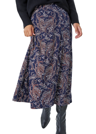 Roman Midnight Blue Paisley Print Elastic Waist Midi Skirt