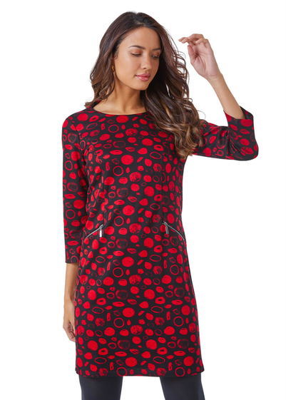 Roman Red Abstract Spot Print Pocket Shift Dress