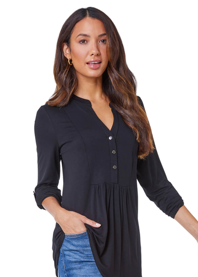 Roman Black V-Neck Button Detail Tunic Top