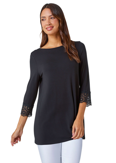 Roman Black  Plain Lace Trim Stretch Top