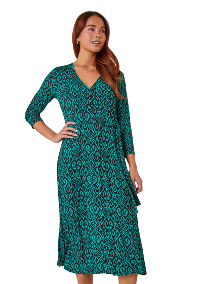 Roman Petite Green Aztec Print Tie Waist Midi Stretch Dress