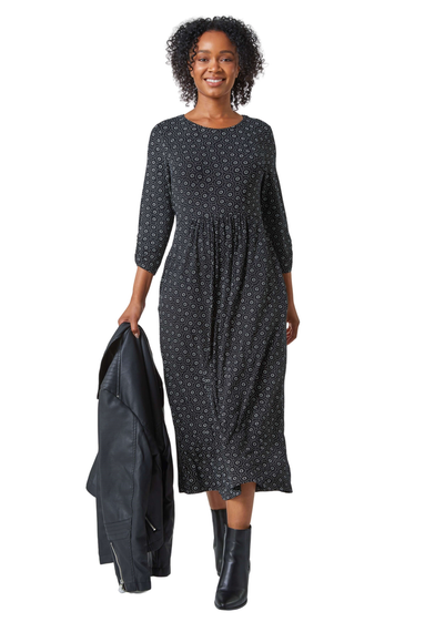 Roman Petite Black Spot Pocket Stretch Ruched Midi Dress