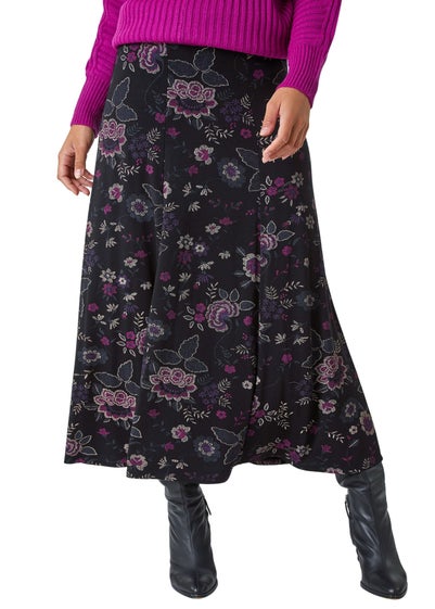 Roman Black Floral Print Midi Elastic Waist Stretch Skirt