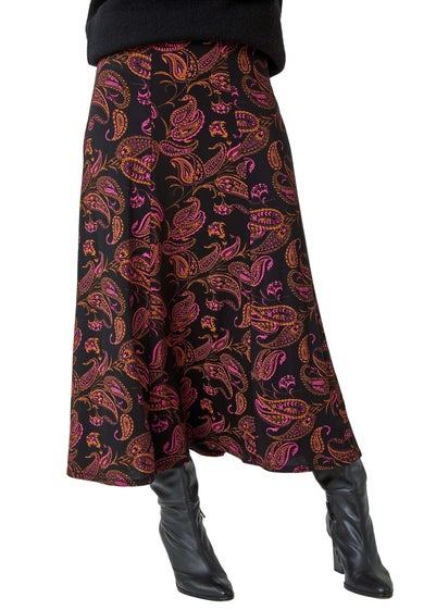 Roman Pink Paisley Print Midi Stretch Skirt