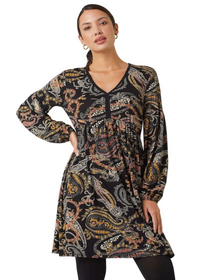 Roman Black Paisley Print Stretch Dress