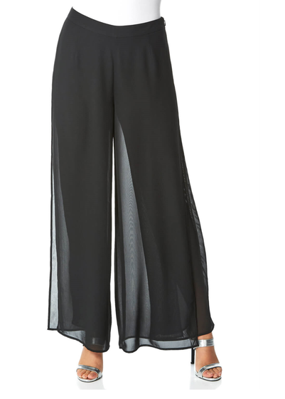 Roman Black Diamante Side Split Chiffon Trousers