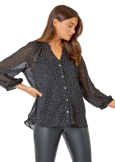 Roman Black Metallic Spot Print Chiffon Blouse