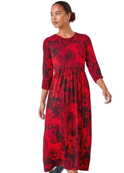 Roman Petite Red Paisley Print Midi Stretch Dress