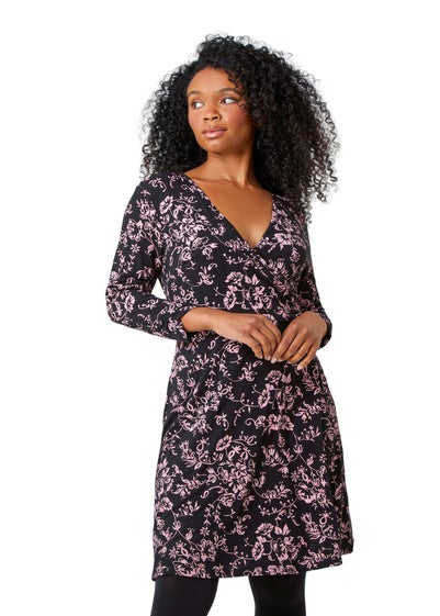 Roman Petite Black Floral Mock Wrap Stretch Dress