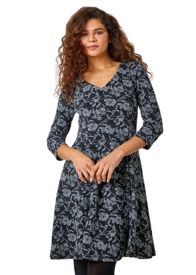 Roman Black Rose Print Cotton Blend Stretch Dress