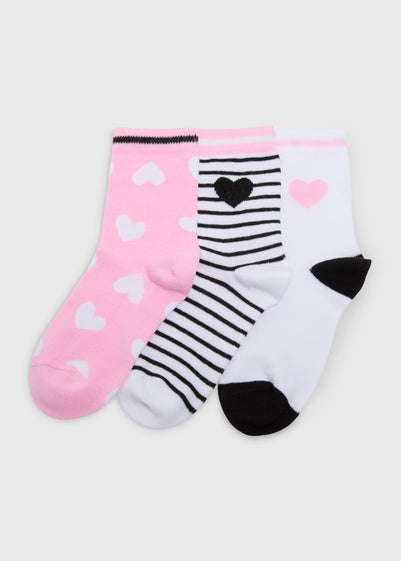 Girls 3 Pack Multicolour Mono Heart Ankle Socks (2-14yrs) - Sizes 6 - 8.5