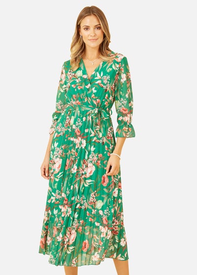 Yumi Green Floral Print Midi Wrap Dress With Pleated Skirt