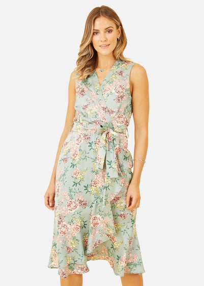 Mela Green Floral Satin Wrap Dress