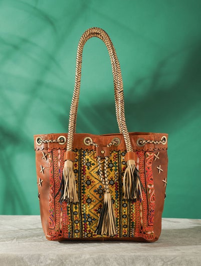 Women Multicolored Vintage Rabari Genuine Leather Tote Bag