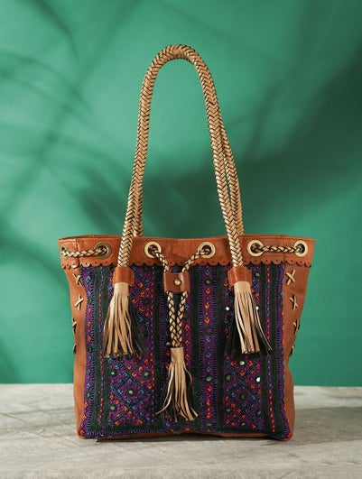 Women Multicolored Vintage Rabari Genuine Leather Tote Bag