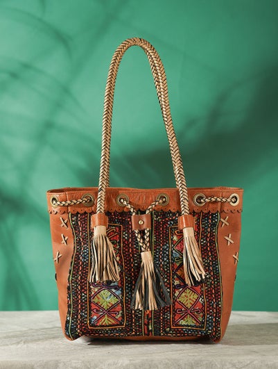 Women Multicolored Vintage Rabari Genuine Leather Tote Bag