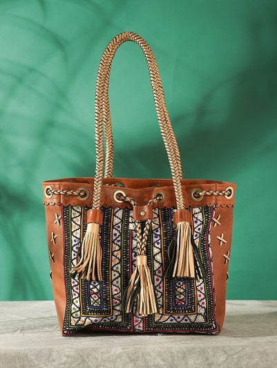 Women Multicolored Vintage Rabari Genuine Leather Tote Bag