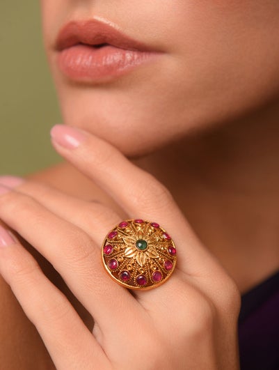 Women Red Gold Tone Temple Ring