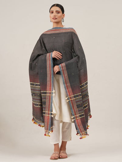 Women Black Handwoven Bhujodi Cotton Dupatta