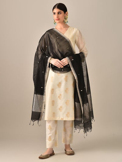 Women Black Handwoven Chanderi Cotton Silk Dupatta