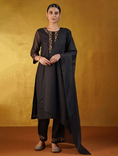 Women Black Cotton Silk Embroidered Collection Dupatta