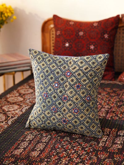 Unisex Handcrafted Ajrakh Mirrorwork Cushion Cover