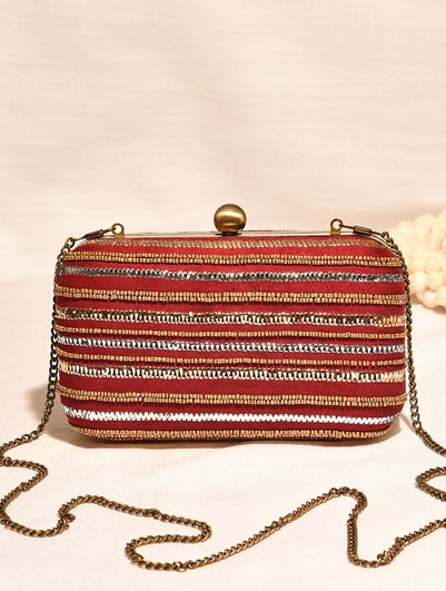 Women Maroon Hand Embroidered Pu Clutch With Mukaish And Bead Work