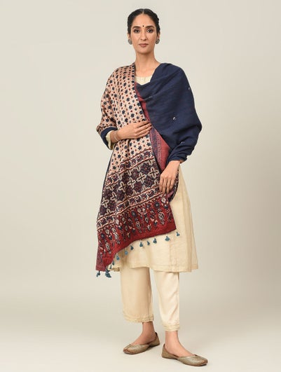 Women Multicolour Ajrakh Bandhani Wool Mashru Reversible Shawl With Kantha