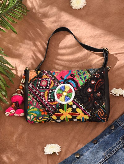 Women Multicolored Vintage Rabari Genuine Leather Sling Bag