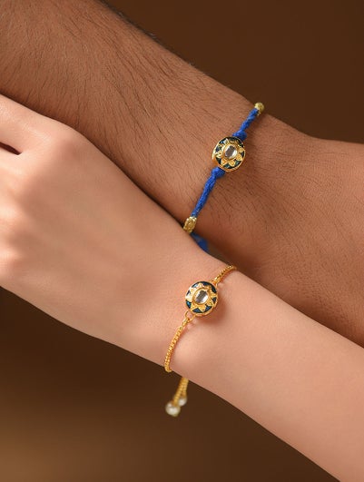 Women Blue Gold Tone Kundan Handcrafted Rakhi with Lumba (Set of 2)