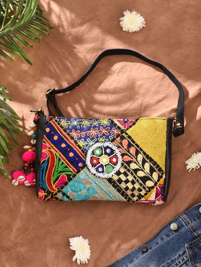 Women Multicolored Vintage Rabari Genuine Leather Sling Bag