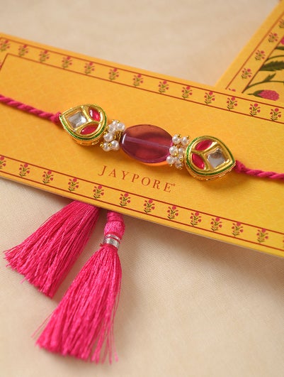 Women Red Pink Gold Tone Kundan Handcrafted Rakhi