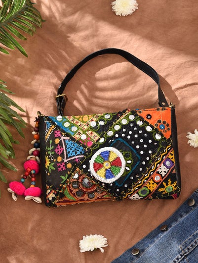 Women Multicolored Vintage Rabari Genuine Leather Sling Bag