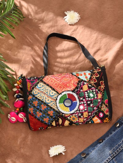 Women Multicolored Vintage Rabari Genuine Leather Sling Bag