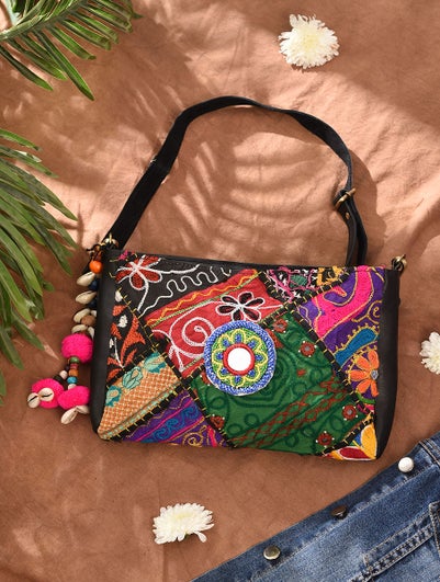 Women Multicolored Vintage Rabari Genuine Leather Sling Bag