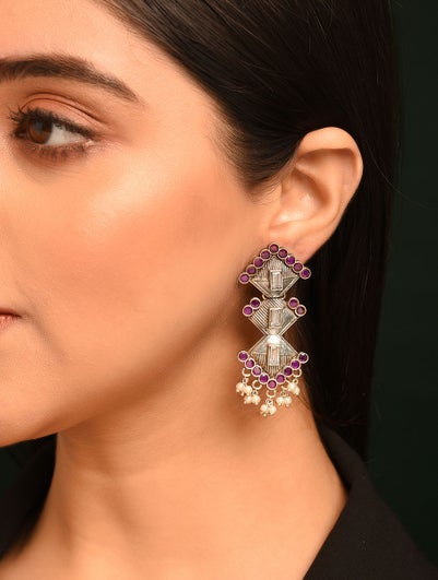 Women Purple Silver Tone Tribal Earrings