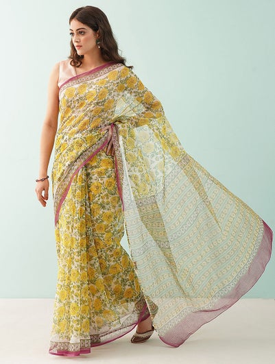 Women Yellow Block Printed Kota Saree